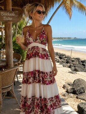 Magic boho tiered cotton maxi white floral Cottagecore spaghetti strap dress 2X